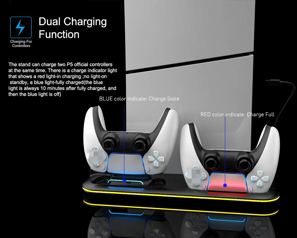 RGB Light and 3 Levels Turbo Cooling Station with Controller Charging Station for PS5/SLIM Digital/Disc with Headset Holder